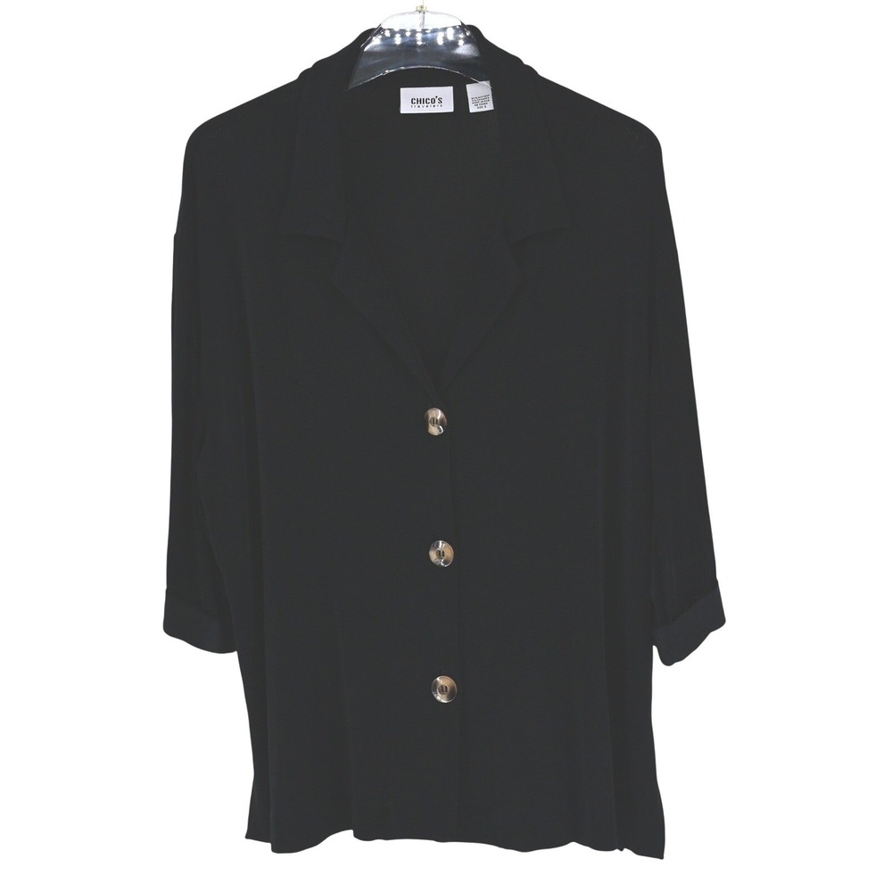 Chico's Liquid Knit Black Button Down 3/4 Sleeve Tunic Top Career SZ 3 XL